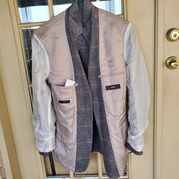 Hugo Boss Stretch Charcoal Plaid Sport Coat Mens Size 44L Wool Blend 3 Button - Picture 7 of 13